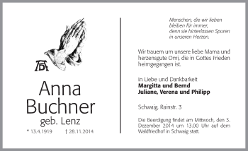 Traueranzeige von Anna Buchner von Pegnitz-Zeitung